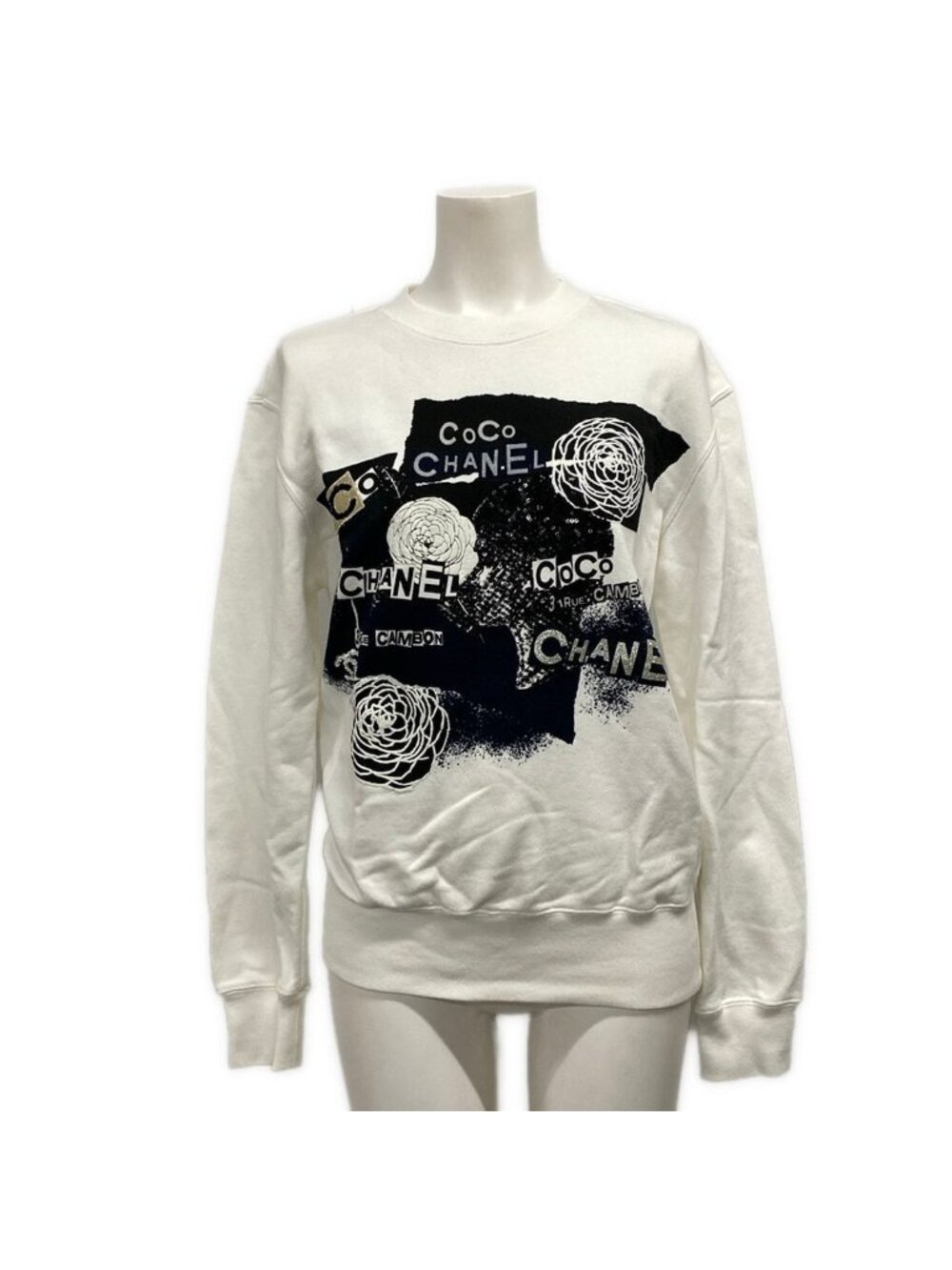 Chanel Sweatshirt White Black Camellia Co Cambon Sequin Rhinestone Glitter XS
